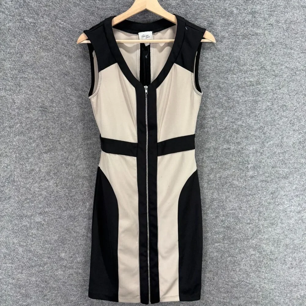 Beige Dress Women 4 Black Colorblock Sheath Midi Zipper V-Neck Sleeveless Casual
